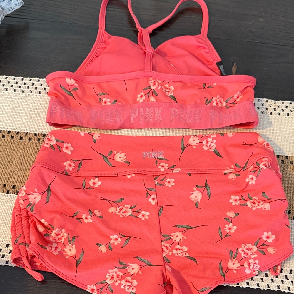 PINK Floral Coral Gym to Swimsuit set